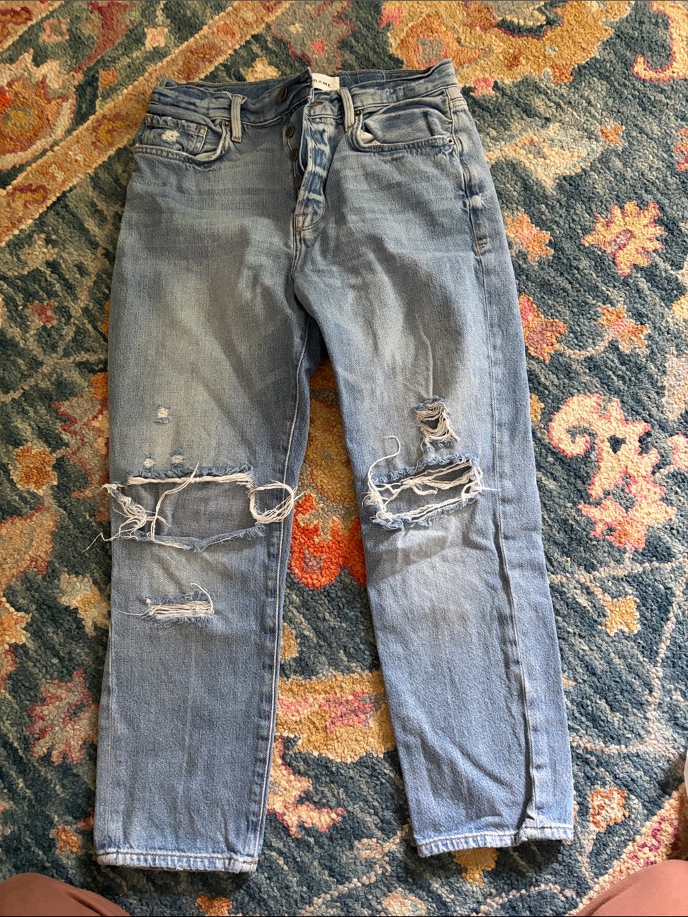 Frame Denim Light Blue Distressed Straight-Leg Jeans